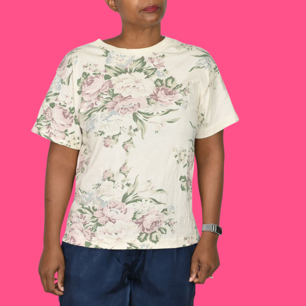 Vintage Banana Republic T Shirt Pink Floral Pastel 80s Single Stitch Tee Small